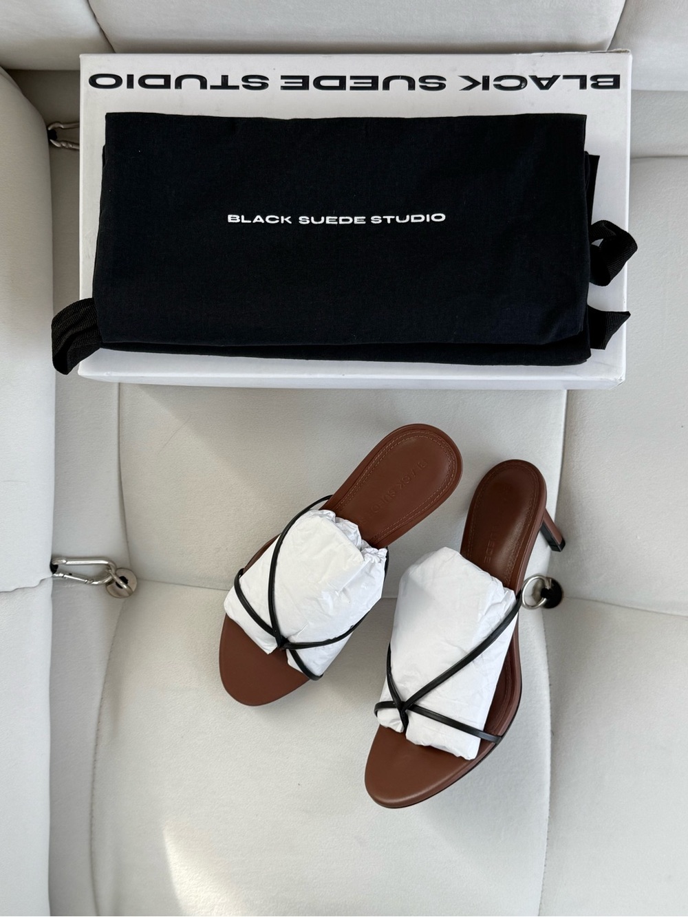 Black suede studio Jade 65 Sandal in Chestnut Leather RETAILS $345